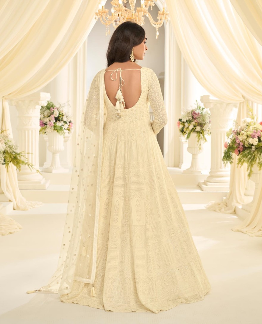 WHITE - Ivory Elegance Embroidered Anarkali Gown